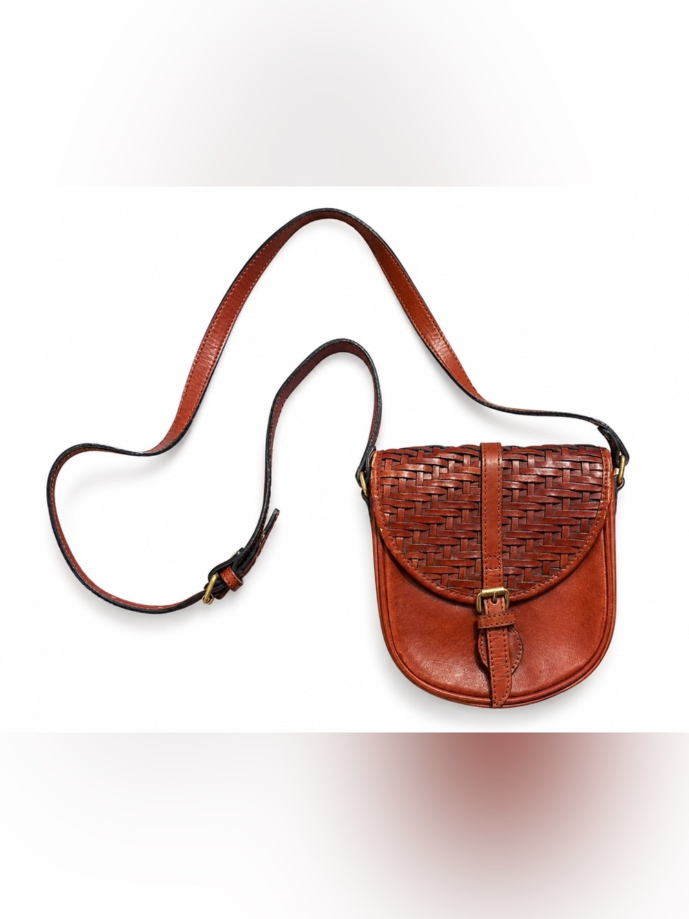 Leather Woven Saddle Crossbody Bag Brown‎ Gold Color Accents Festival Hiking